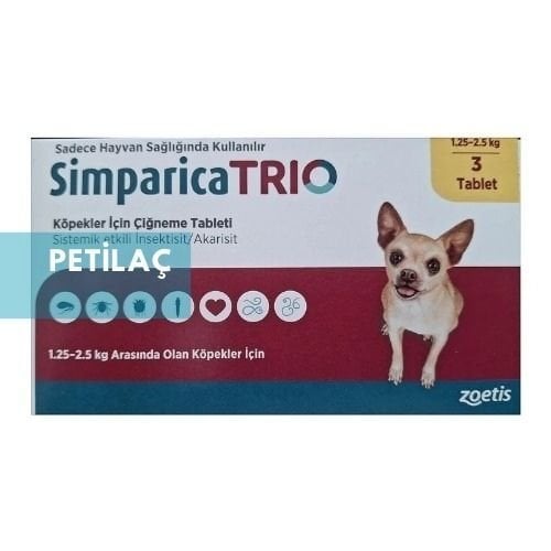 Simparica Trio 1.3 - 2.5 Kg Arası Köpekler İçin İç Dış Parazit Tableti ( 1 Kutu 3 Tablet İçerir )SKT:2027