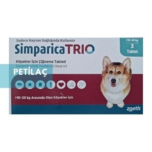 Simparica Trio 10 - 20  Kg Arası Köpekler İçin İç Dış Parazit Tableti ( 1 Kutu 3 Tablet İçerir )SKT:2027